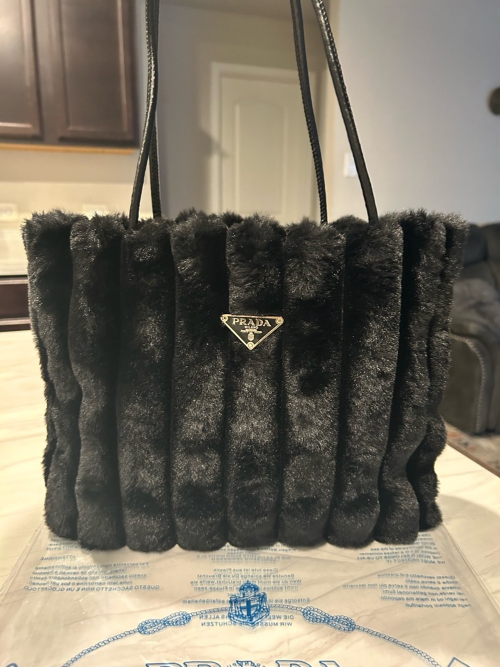 Prada VIP GWP Black Faux Fur Vertical-Rib Tote with Logo Plaque - Picture 2 of 8